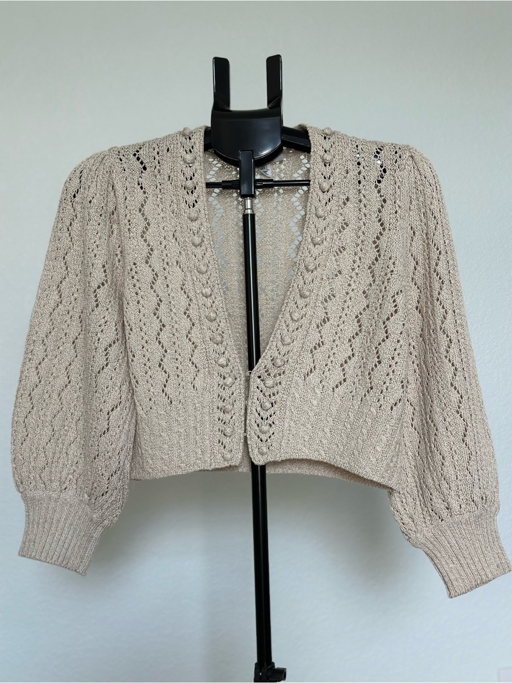 Cropped Openwork Knit Cardigan - Cream